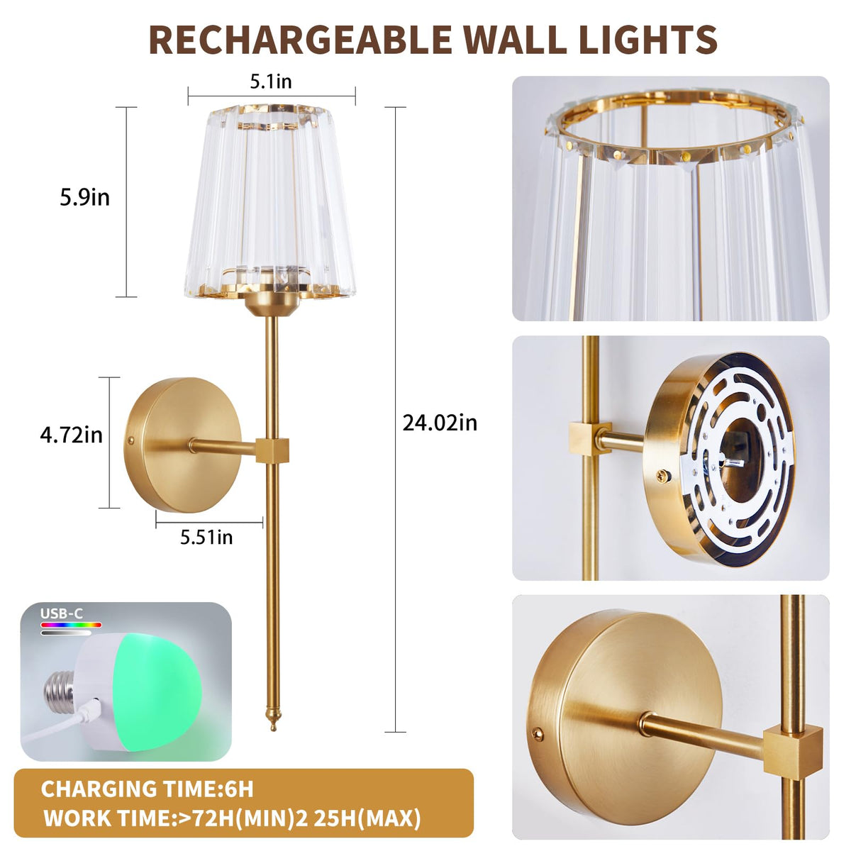 Set of 2 Battery Operated Wall Sconces with Crystal Lampshades,Rechargeabl