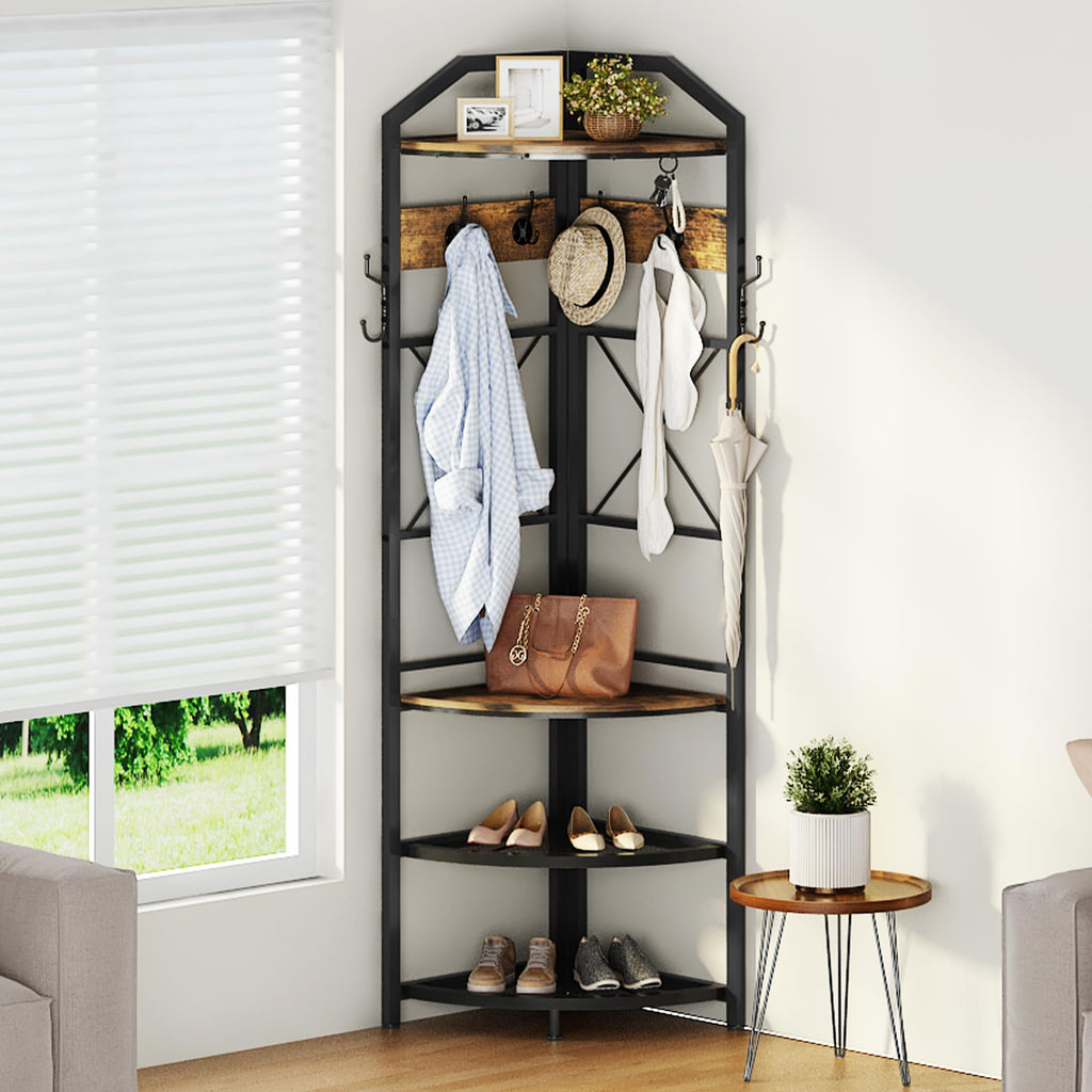Corner Coat Rack with Storage, Entryway Hall Tree with Shoe Rack and Hooks, Freestanding Clothes Rack Corner Shelf