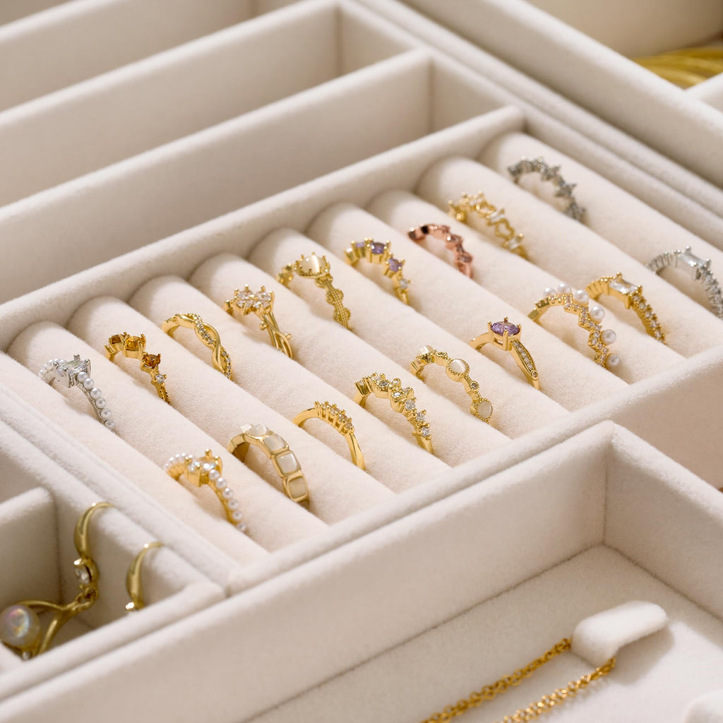Velvet Jewelry Drawer Organizer Trays - 4-Layer Stackable Jewelry Storage Inserts Set, Beige Jewelry Tray Set for