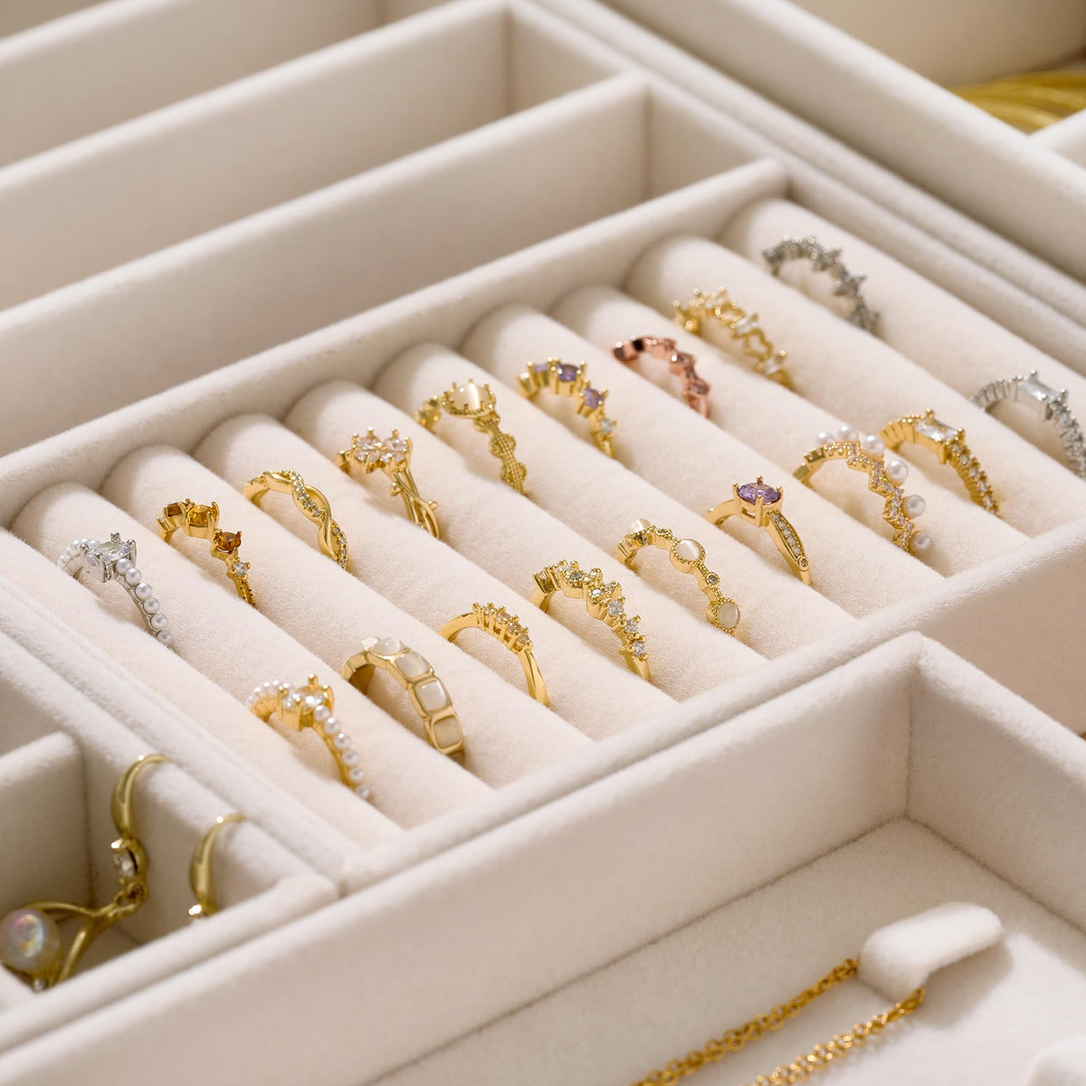 Velvet Jewelry Drawer Organizer Trays - 4-Layer Stackable Jewelry Storage Inserts Set, Beige Jewelry Tray Set for