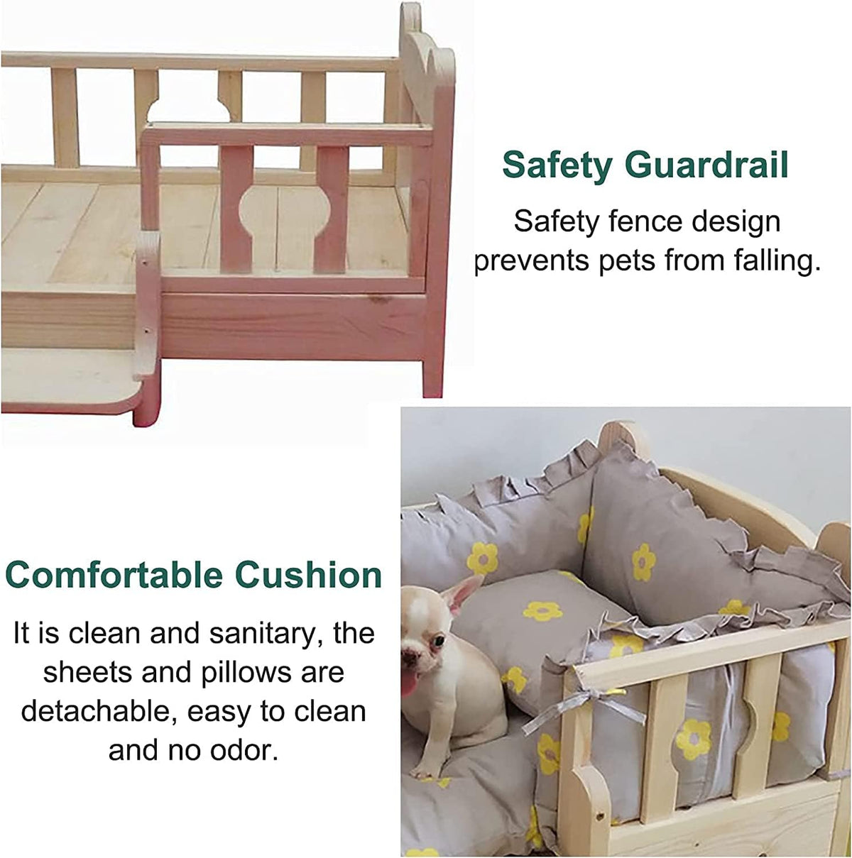 Elevated Pet Sofa Bed with Grey Cushion Set - Wooden Dog Bed for Medium & Small Dogs - Pet Cat Dog Bed - Wooden Pet