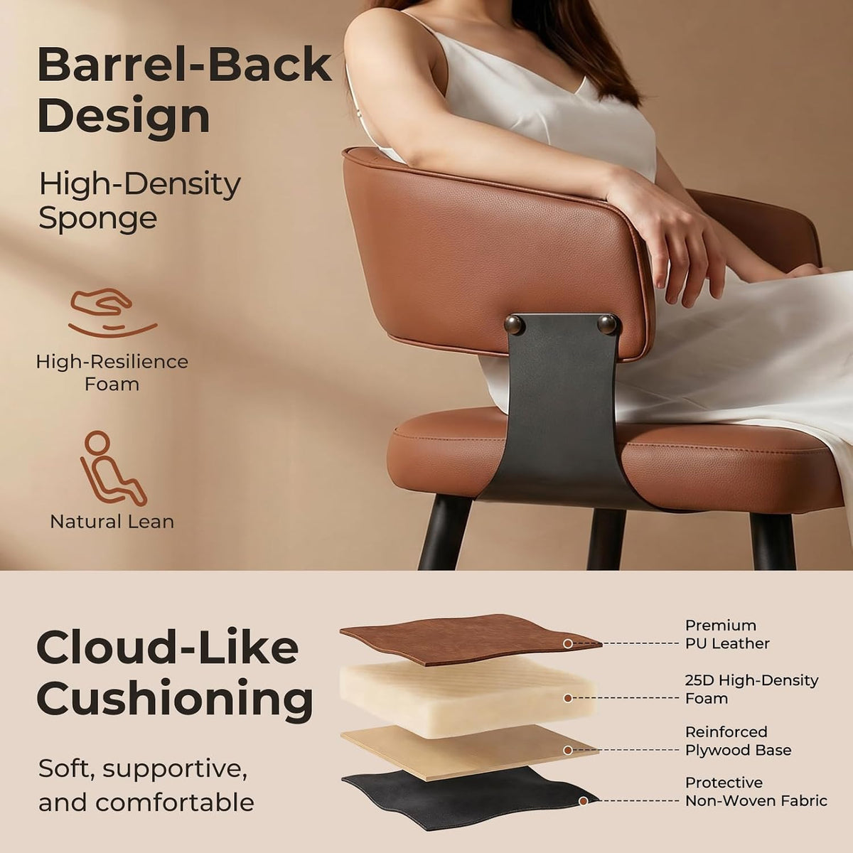 Dining Chairs Set of 4, Modern Upholstered Faux Leather Kitchen Chairs with Curved Back, Easy to Assemble & Clean for