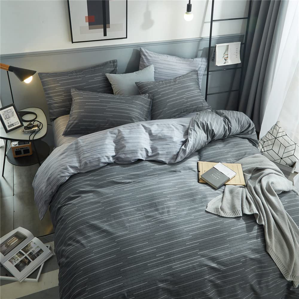 Striped Duvet Cover Set 100% Cotton, (104"x90"), Dark Grey Stripes