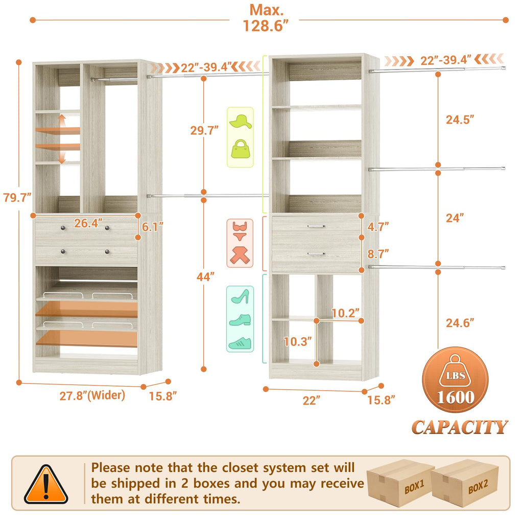 Closet System, Up to 128.6"/10.7 FT Closet Organizer with 4 Wooden Drawers and Shelves, Walk-in Closet System with 6