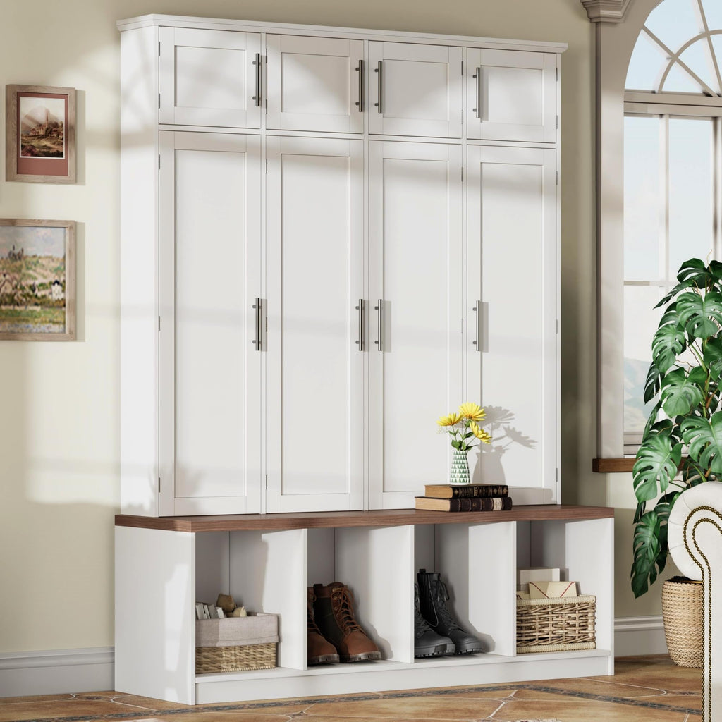 Farmhouse Hall Tree with Bench, 8 Doors & Hidden Hooks, White