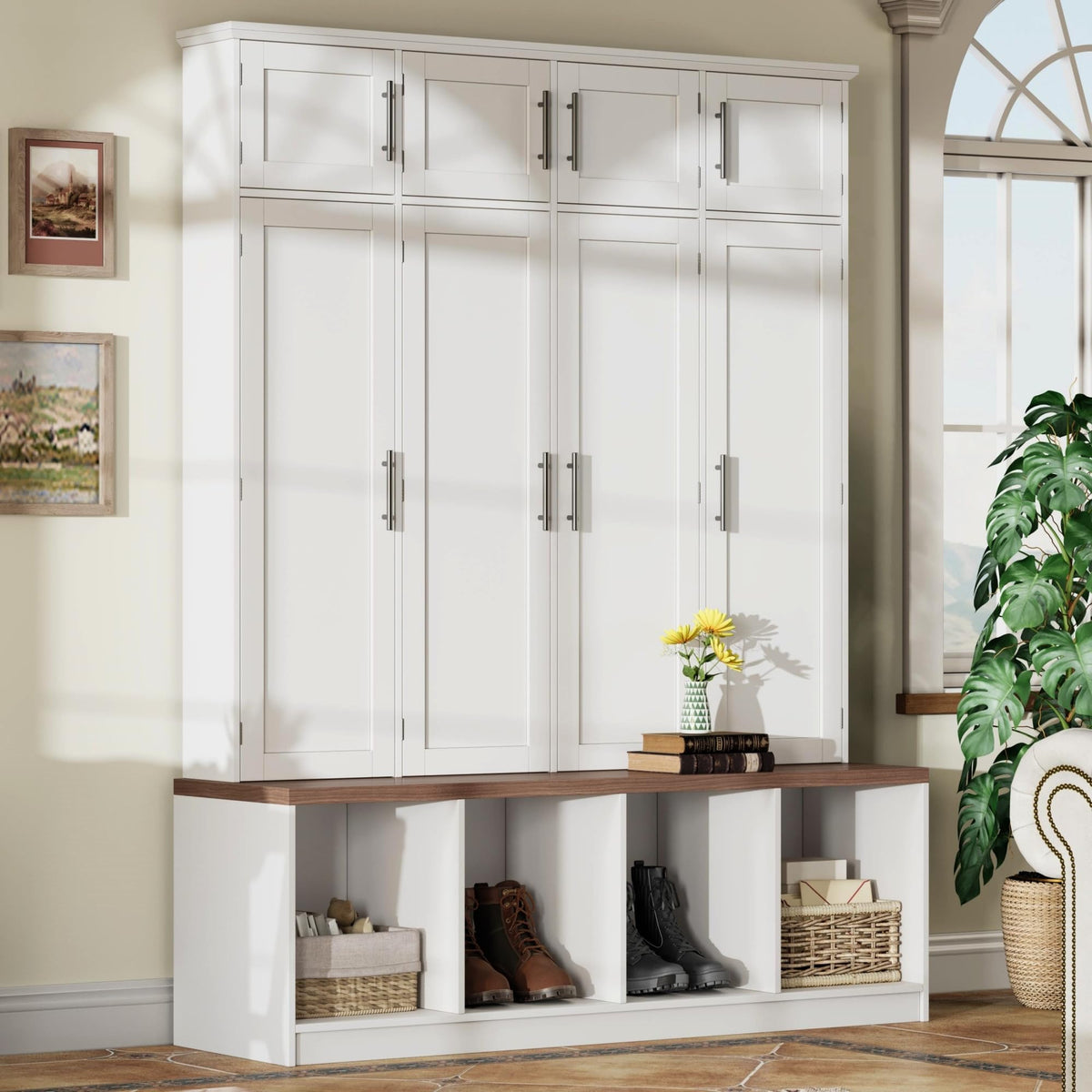Farmhouse Hall Tree with Bench, 8 Doors & Hidden Hooks, White