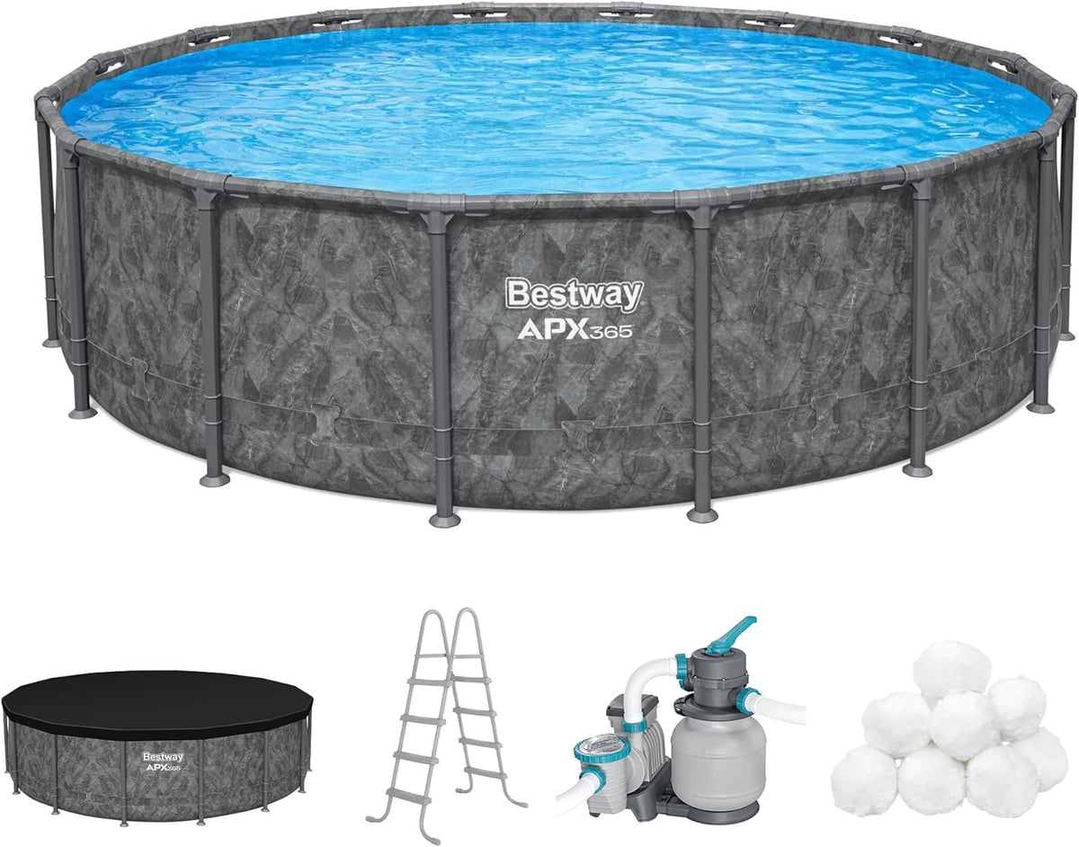 APX 365 16' x 48" Above Ground Pool, Round Metal Frame Outdoor Swimming Pool Set with Sand Filter Pump, Ladder, and