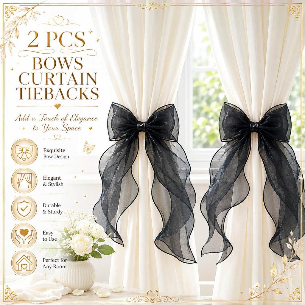 Strong Magnetic Black Bow Curtain Tiebacks, Coqueta Lace Ribbon Curtain Holdbacks, Adjustable Drapery Clips - 2PCS