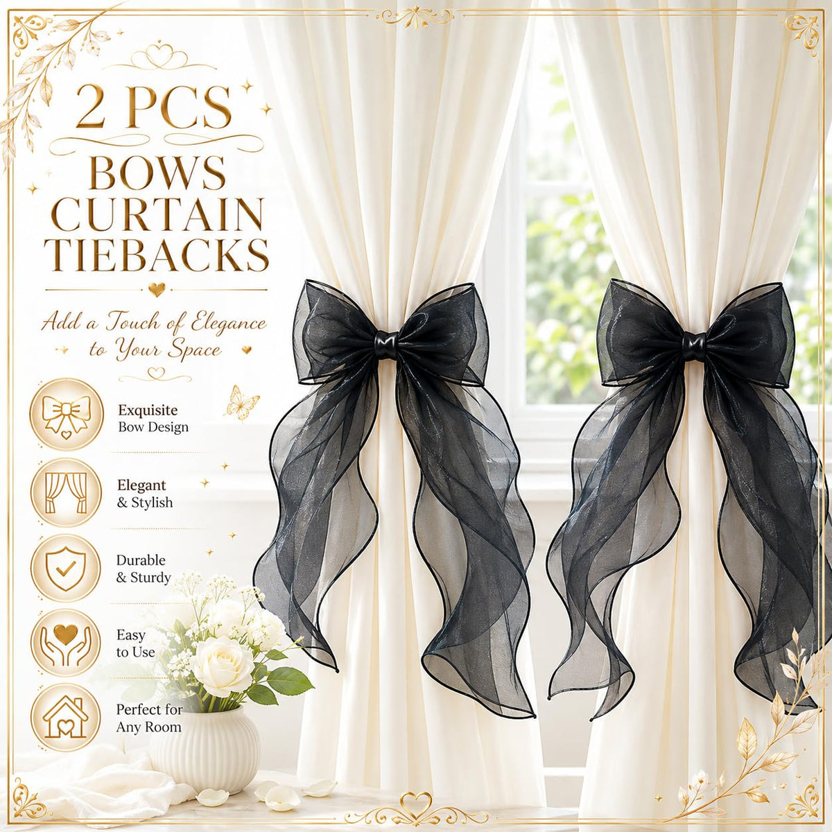 Strong Magnetic Black Bow Curtain Tiebacks, Coqueta Lace Ribbon Curtain Holdbacks, Adjustable Drapery Clips - 2PCS