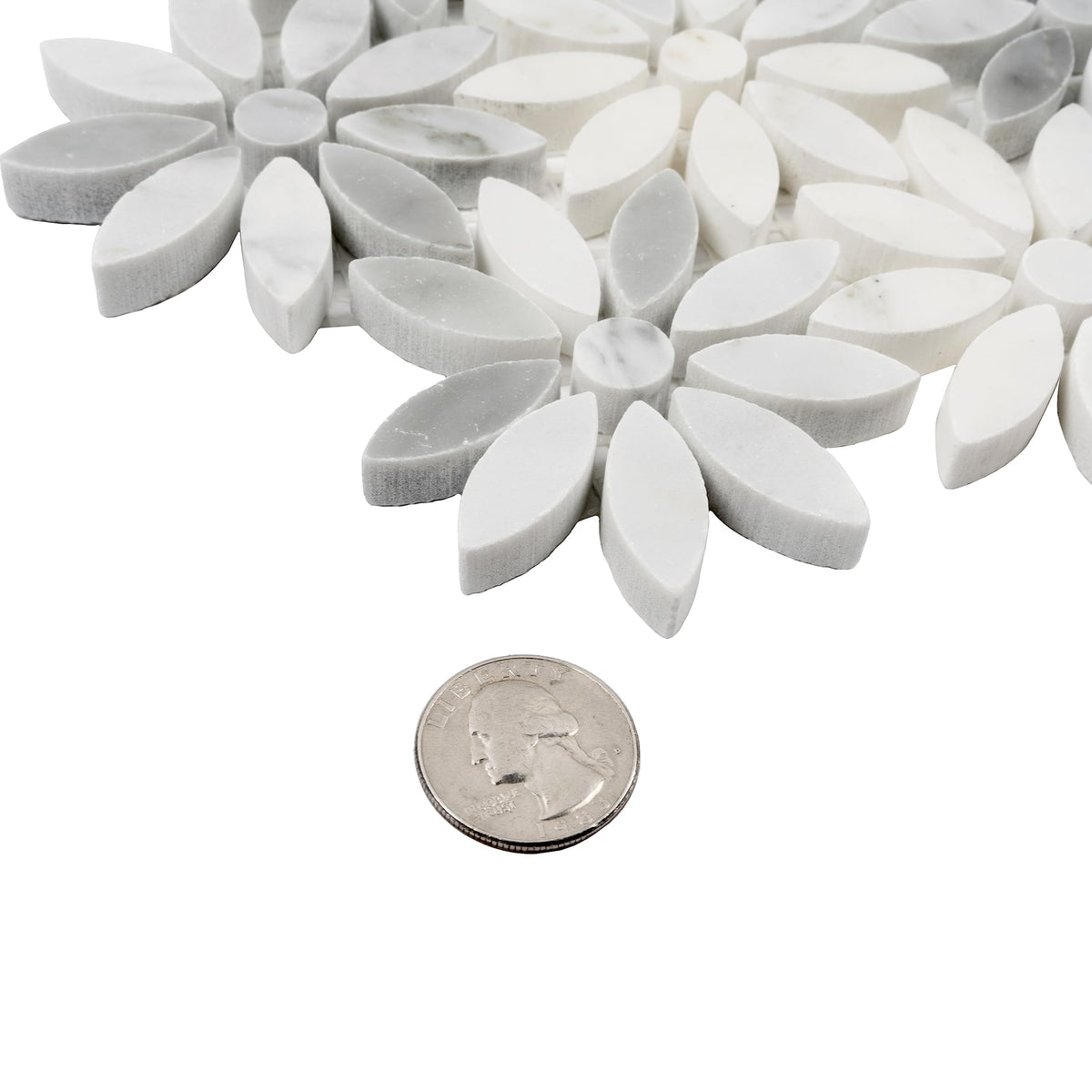 Flower Pattern Marble Mosaic Tile - 4.46 sq ft Box of 5 Sheets - White Gray Bianco Carrara Polished 10.7x12 in Mesh
