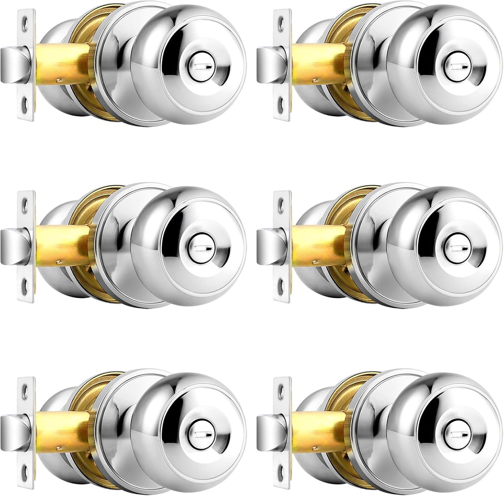 Polished Chrome Door Knobs, Privacy Door Knob Bedroom, Interior Door Knobs with Thumb Turning Locking Button, 6 Pack