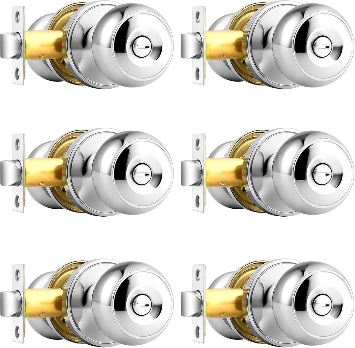 Polished Chrome Door Knobs, Privacy Door Knob Bedroom, Interior Door Knobs with Thumb Turning Locking Button, 6 Pack