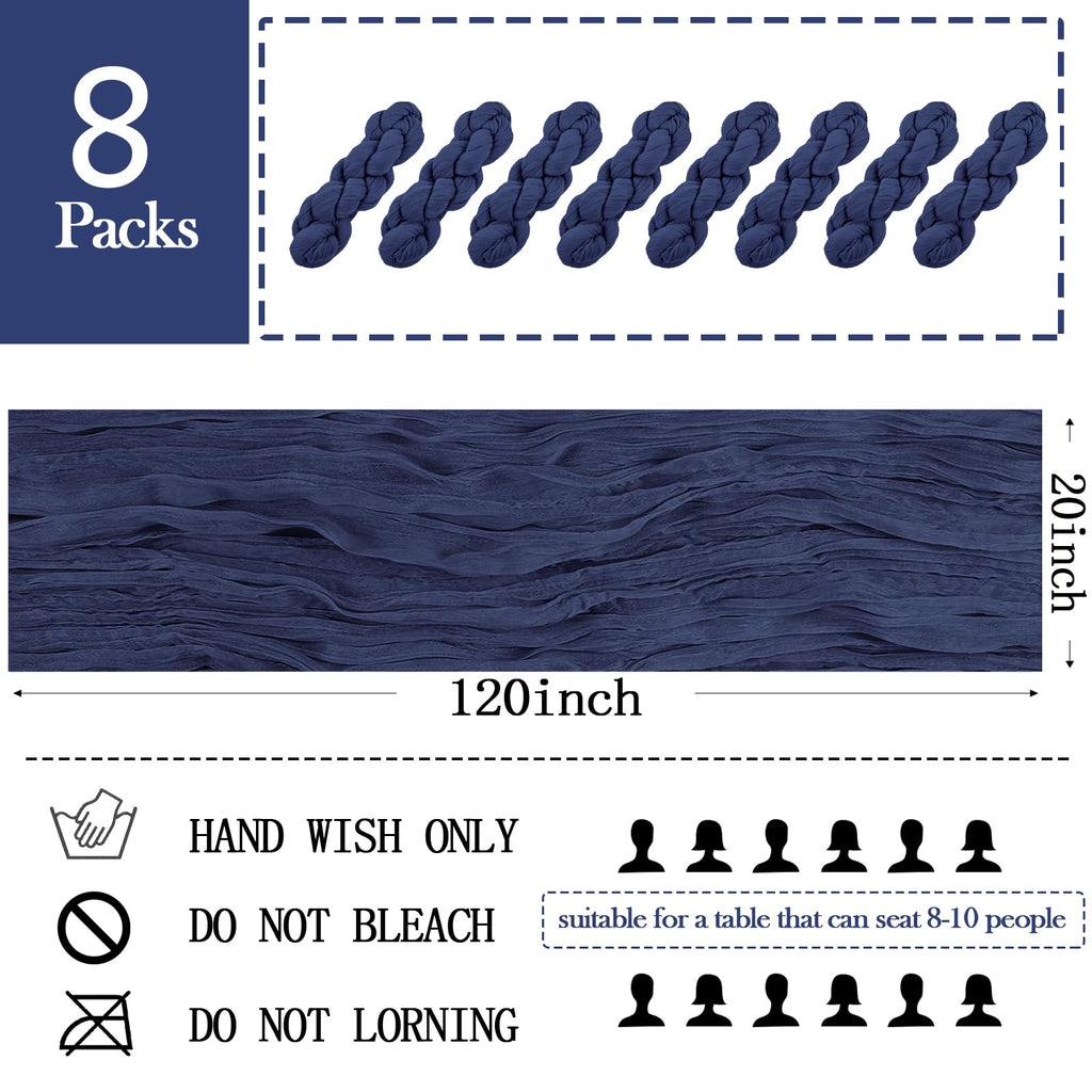 8 Pack Navy Blue Cheesecloth Table Runner 20 x 120 inch Gauze Table Runners 10 FT Long, Semi Sheer Boho Cheese Cloth