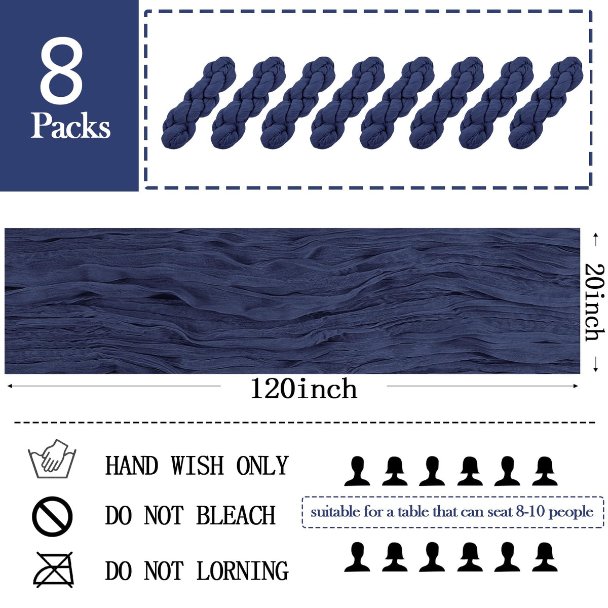 8 Pack Navy Blue Cheesecloth Table Runner 20 x 120 inch Gauze Table Runners 10 FT Long, Semi Sheer Boho Cheese Cloth