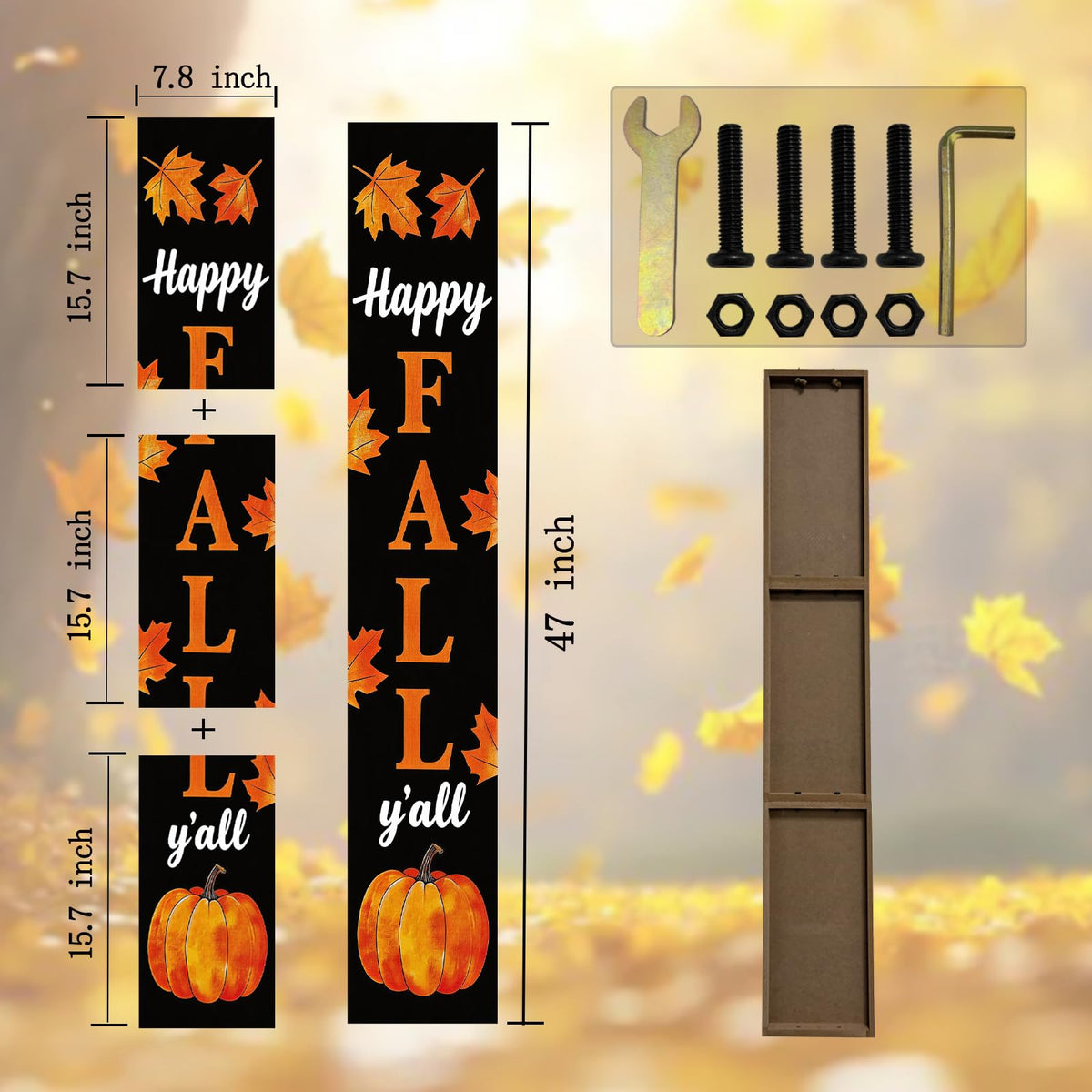 Happy Fall Y'all 47" Tall Vertical Wooden Porch Sign Black Rustic Farmhouse Fall Decor with Maple Leaf Pumpkin