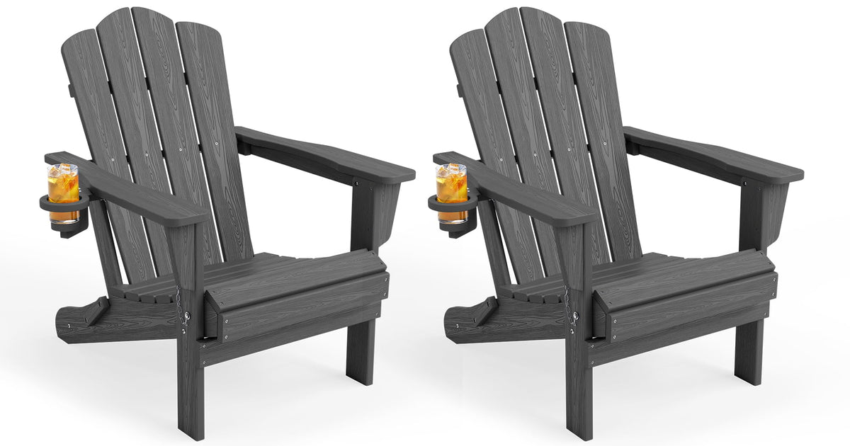 Folding Adirondack Chair Set of 2 with Cup Holder, Grey