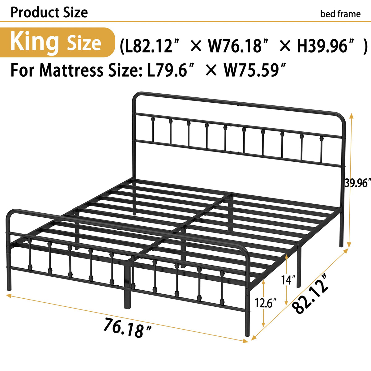 Metal Bed Frame with Victorian Headboard & Footboard, Black