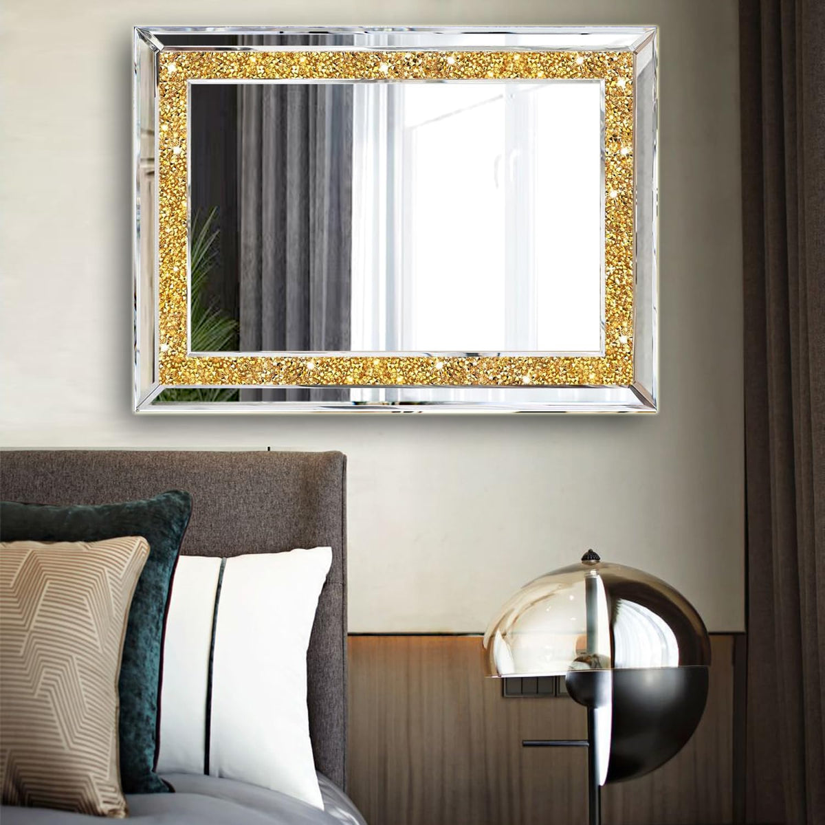 2 Piece Wall Mirrors, Crush Diamond Wall Decor, Gold Color Decorative Mirrors . (11'x15')