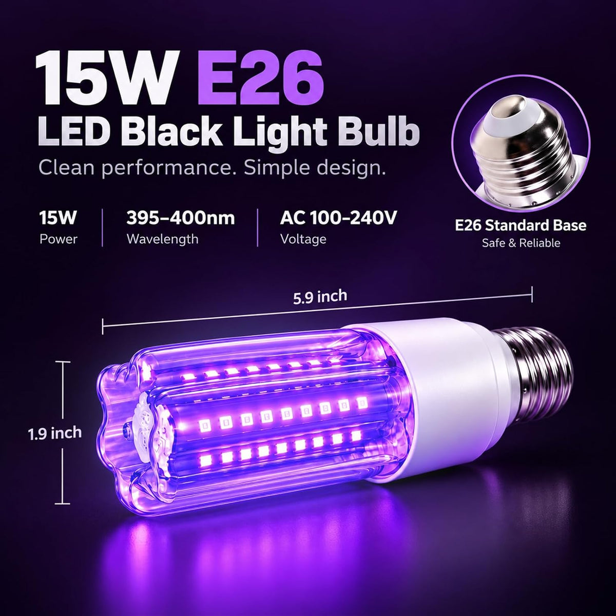LED Black Light Bulbs,15W (120W Equivalent) E26 Base 395-400nm Wavelength