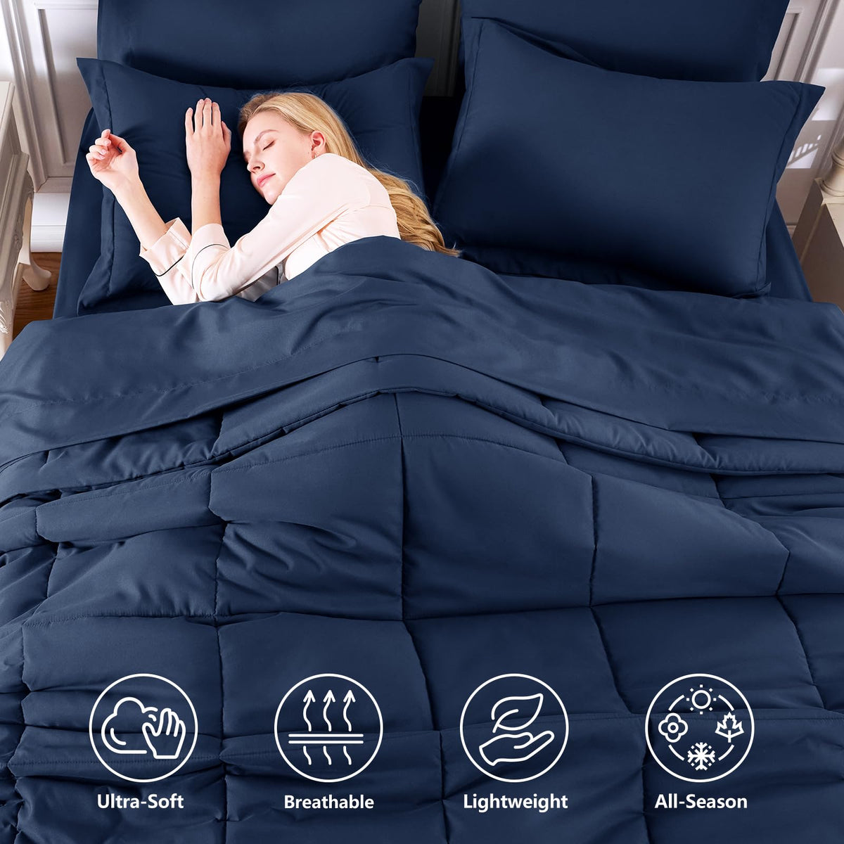 Oversized Comforter Set, 7-Piece Bed in a Bag, Navy Blue