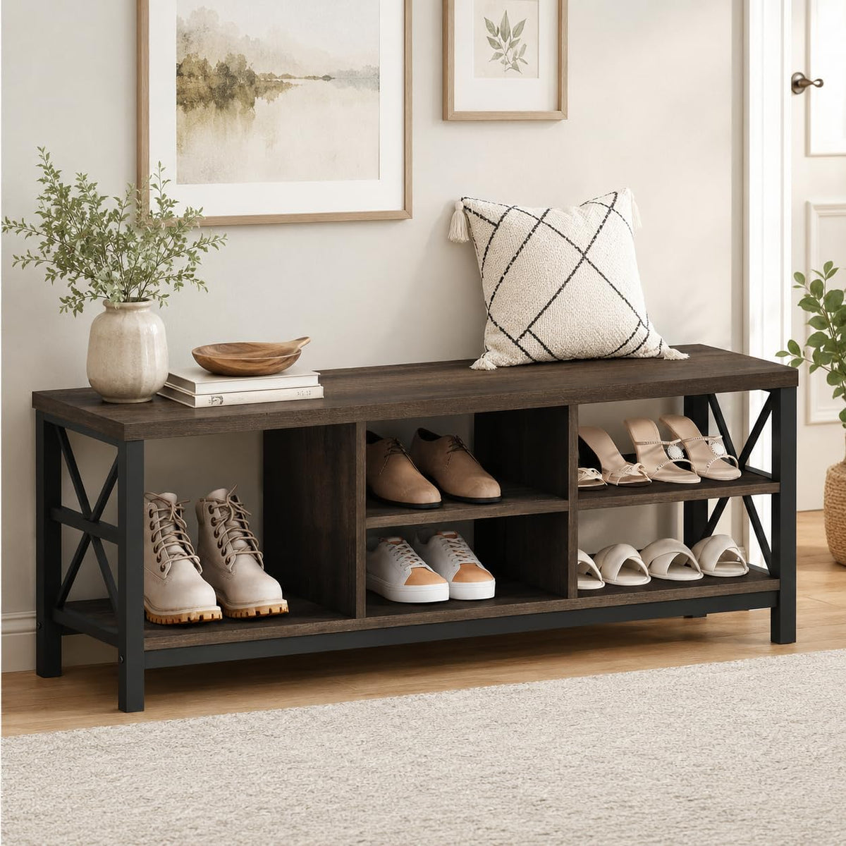 Industrial Shoe Bench with Storage, Rustic Entryway Bench