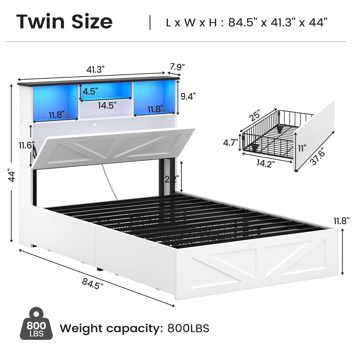 Farmhouse Twin Bed Frame with 4 Storage Drawers and Charging Station, Wooden Led Twin Bed with Storage Hidden Space
