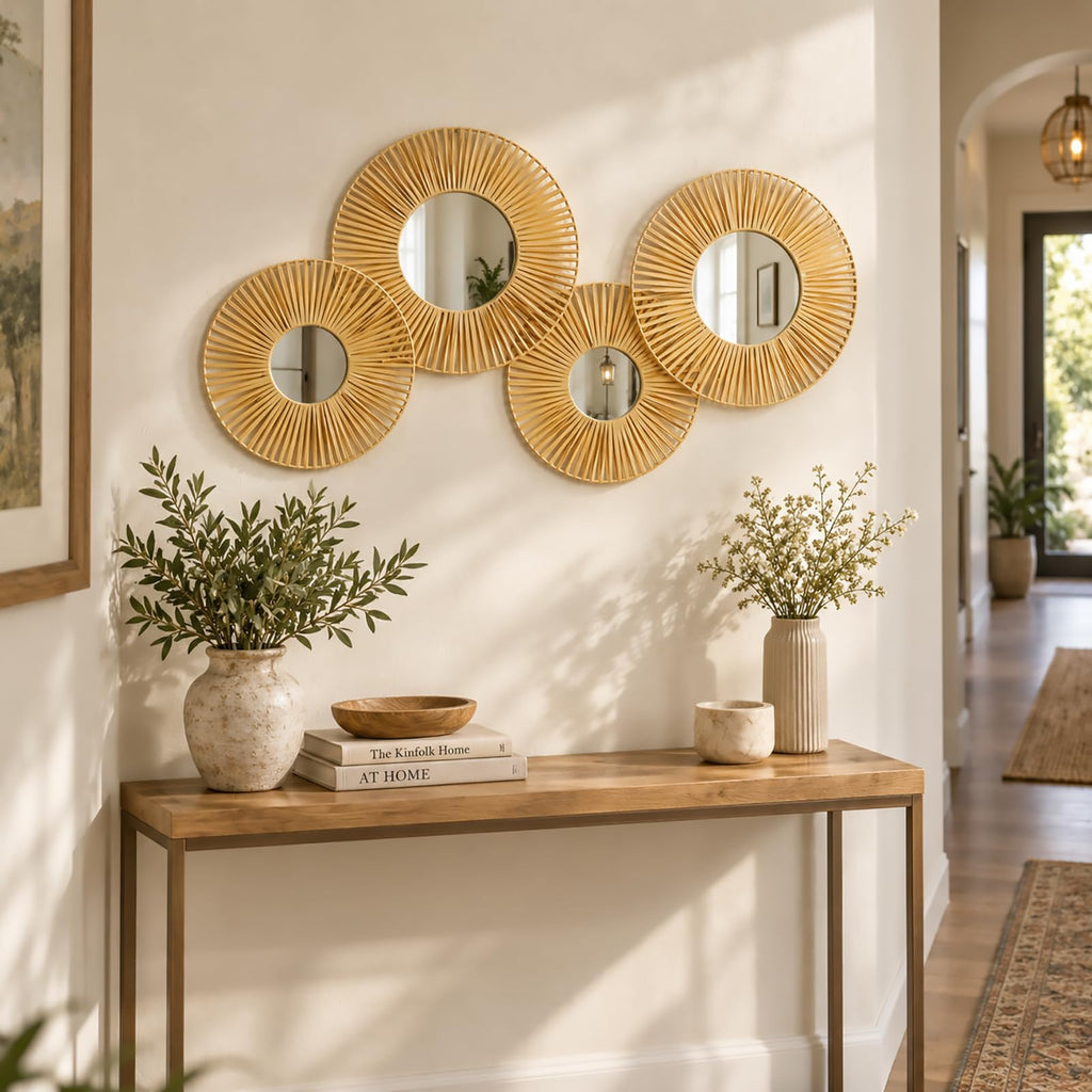 Hanging Baskets Wall Art with Mirror, 4Pcs Boho Wicker Wall Decor