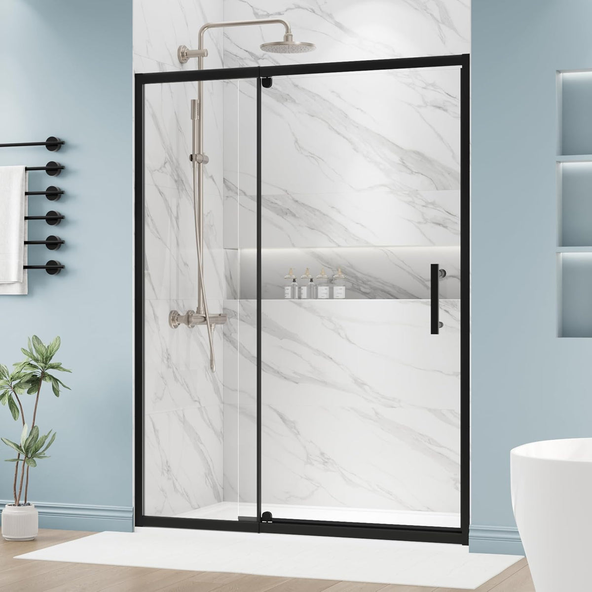 50-54.in W x 72.in Semi-Frameless Pivot Shower Door, Adjustable Swing Glass Shower Door