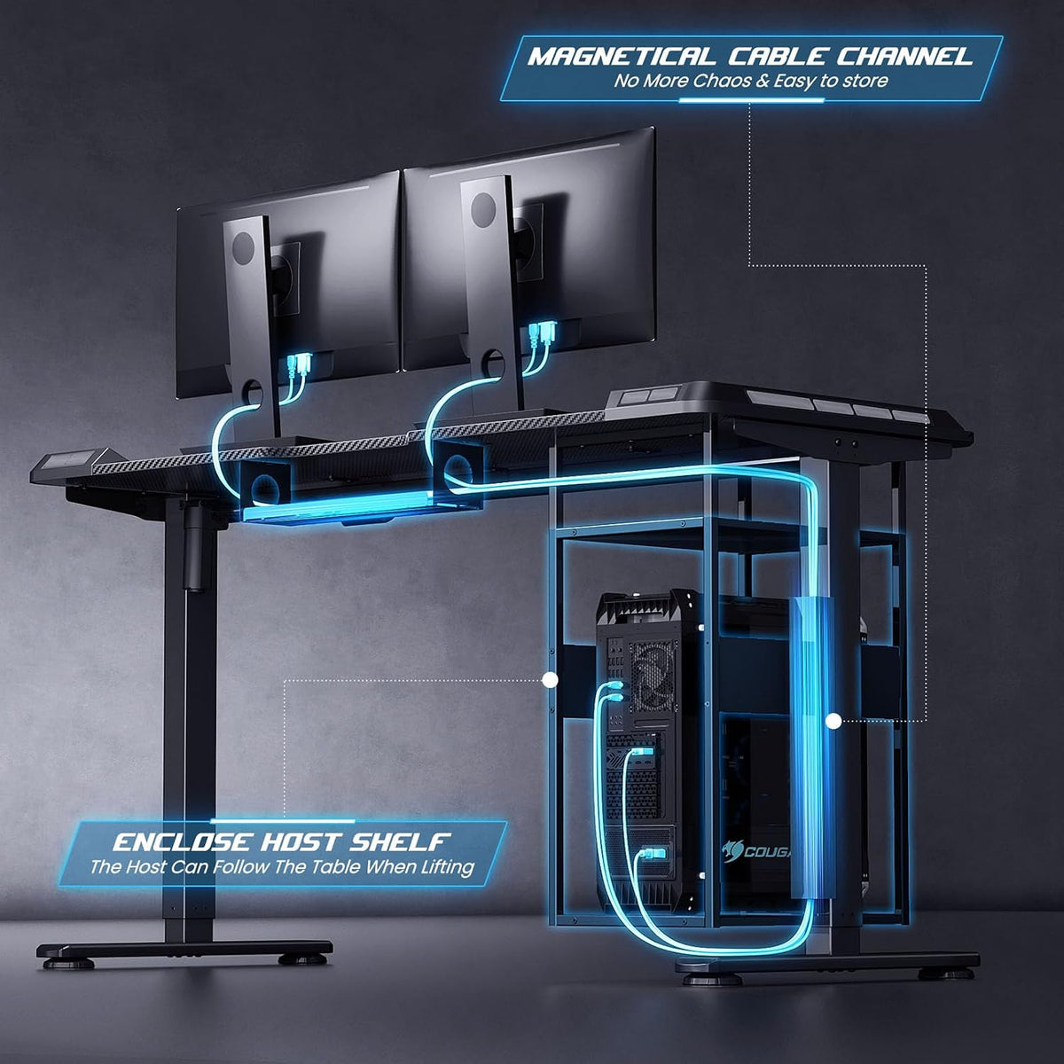 55" x 24" Electric Gaming Standing Desk with LED Lights & Host Shelf | Gaming Desk with Music Sensing APP Control
