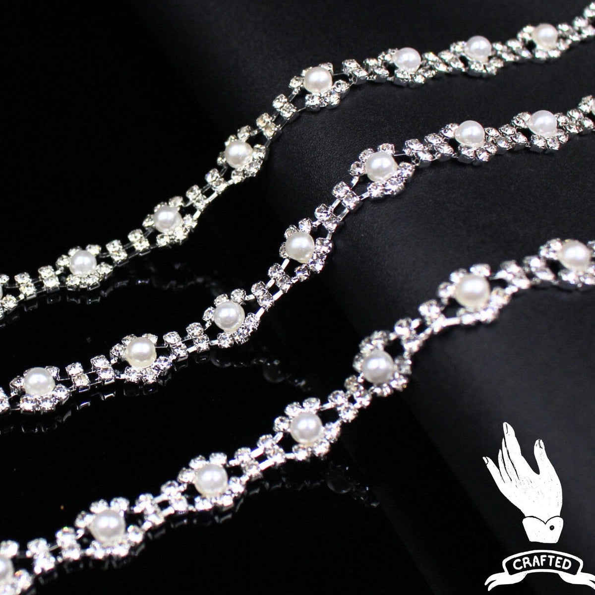 Pearl Trim Chain Rhinestone Silver String Crystal Applique Fringe Ribbon Strips Beads Sewing Dress DIY Party - 2 Yard