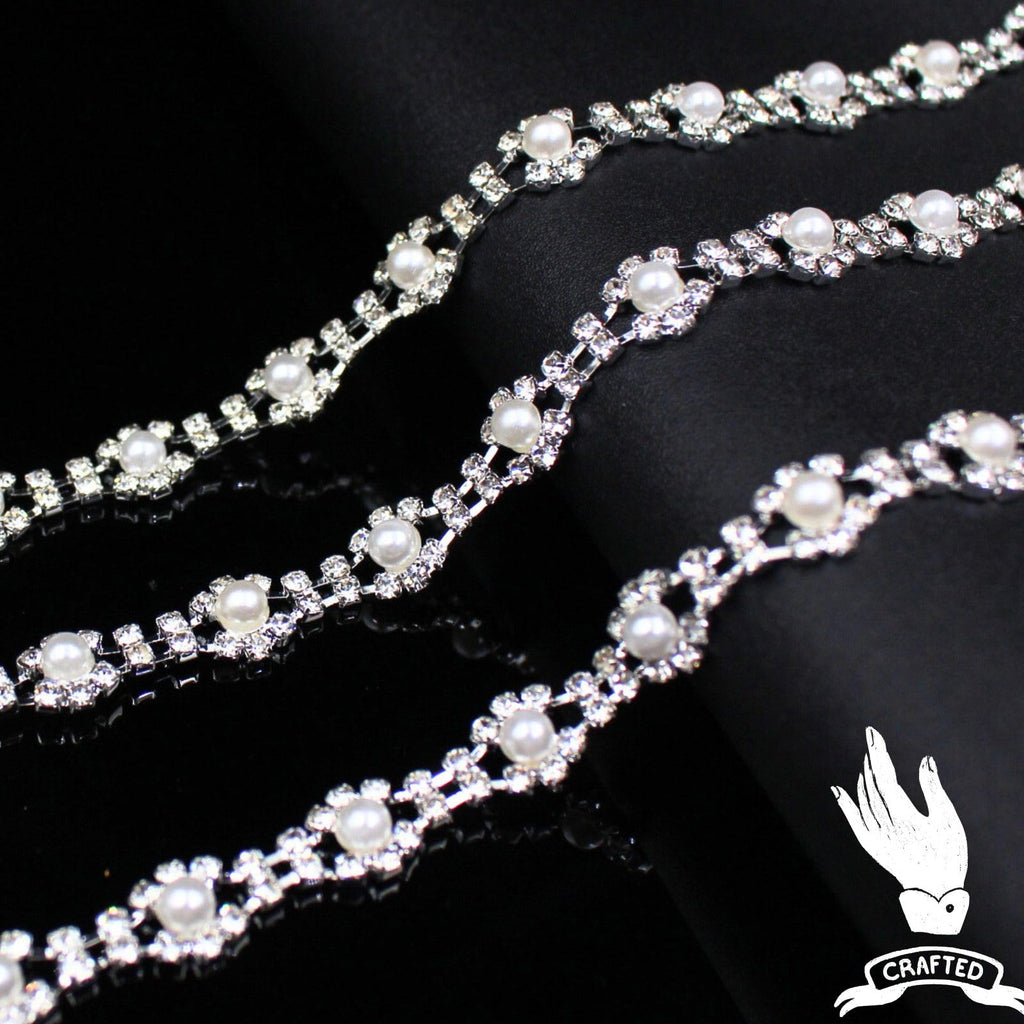 Pearl Trim Chain Rhinestone Silver String Crystal Applique Fringe Ribbon Strips Beads Sewing Dress DIY Party - 2 Yard