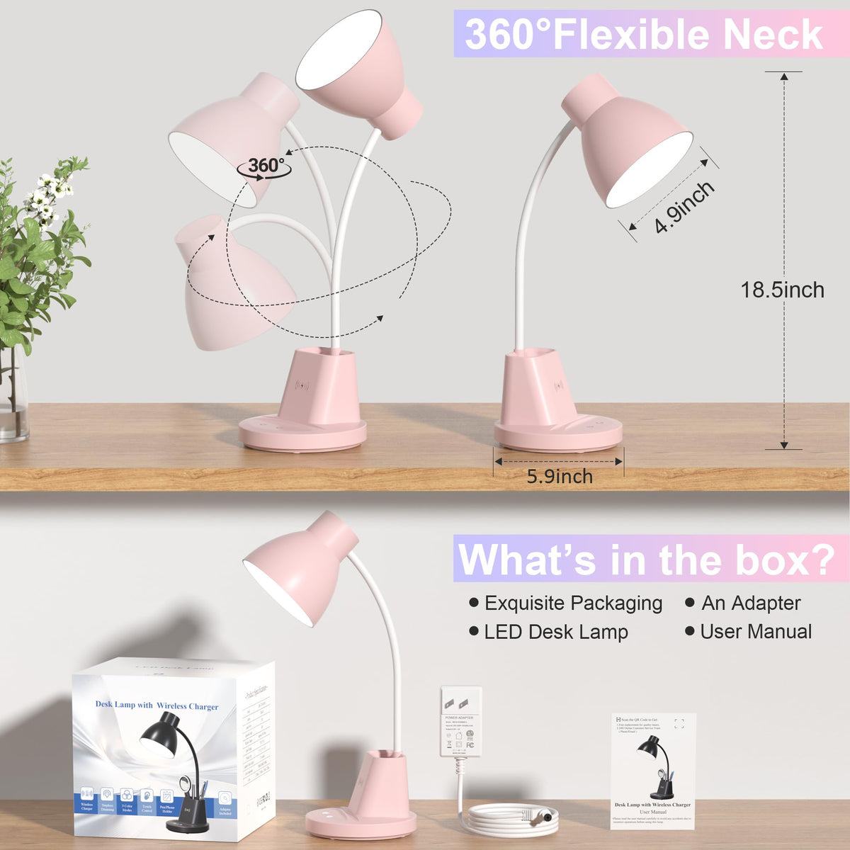 10W Wireless Charging LED Desk Lamp with Pen Holder, CRI 95, Pink
