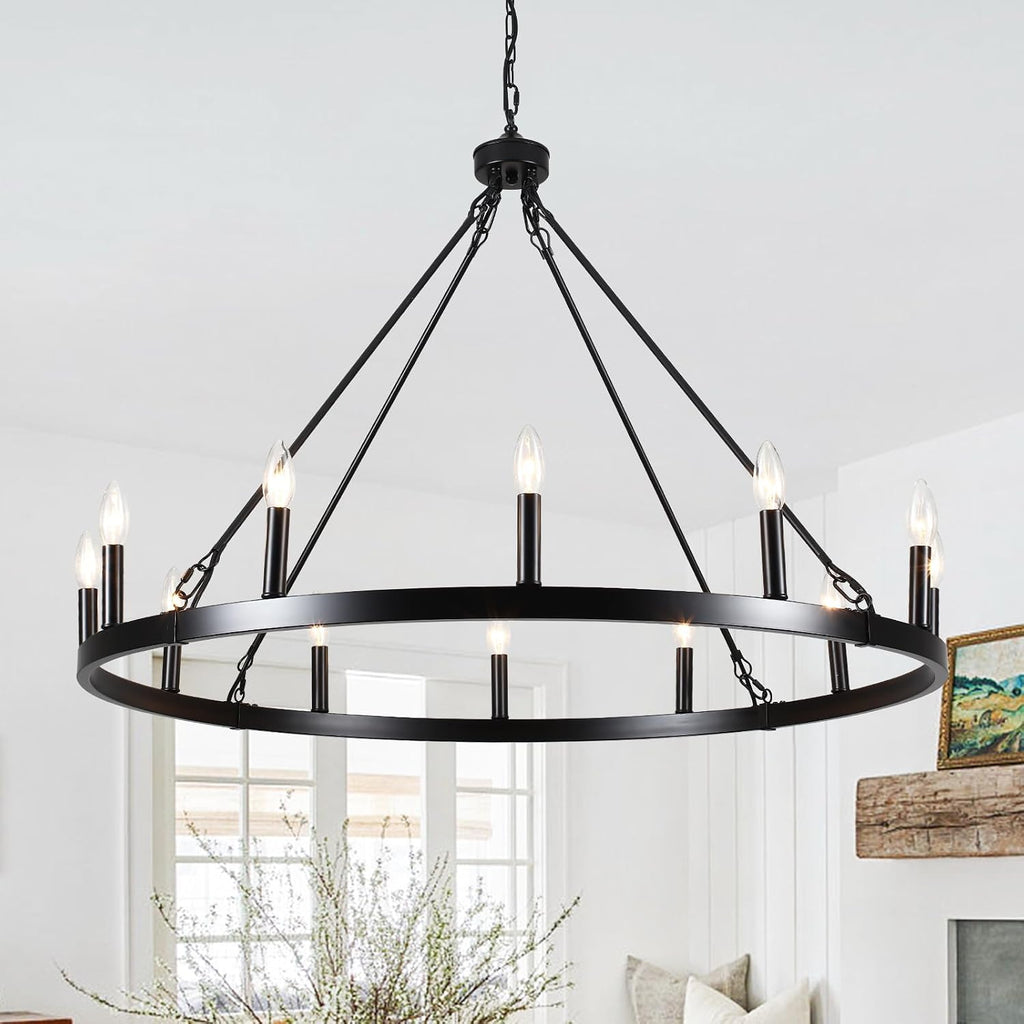 12-Light Black Farmhouse Wagon Wheel Chandelier