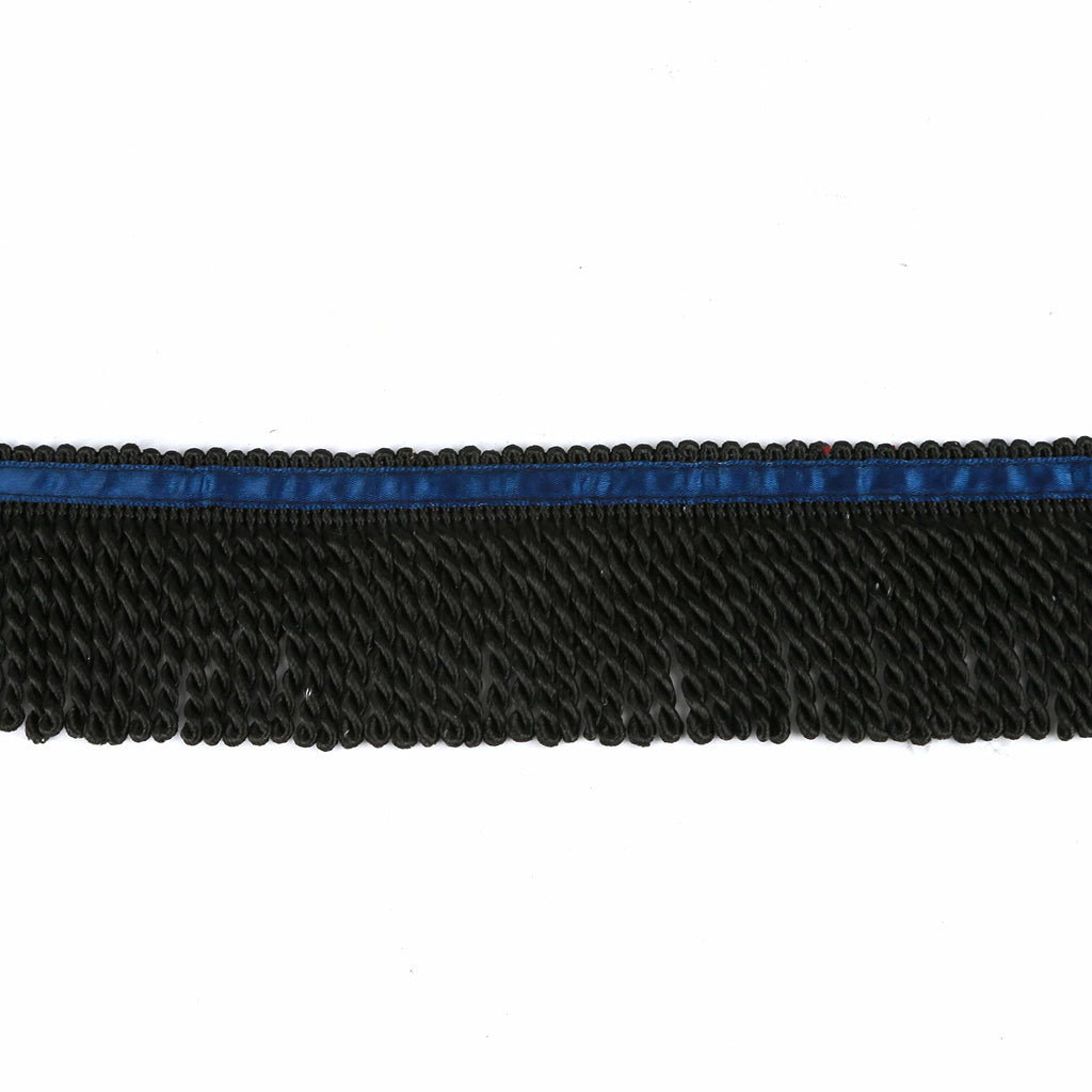 2.5" Wide Bullion Fringe Trim with Blue Ribbon,Black - 10 Yard
