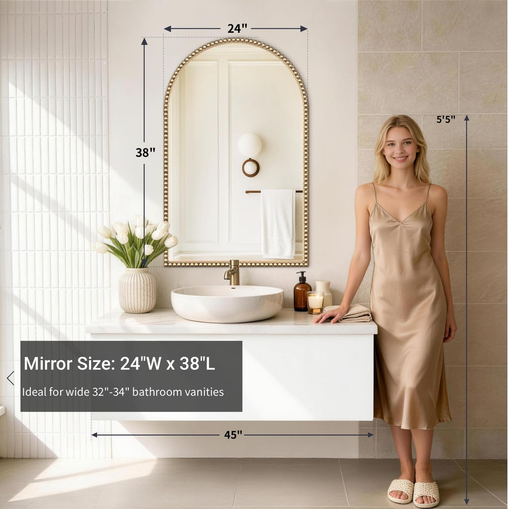 Glod Arched Bathroom Mirror,24"x38" Champagne Bronze Beaded Mirror