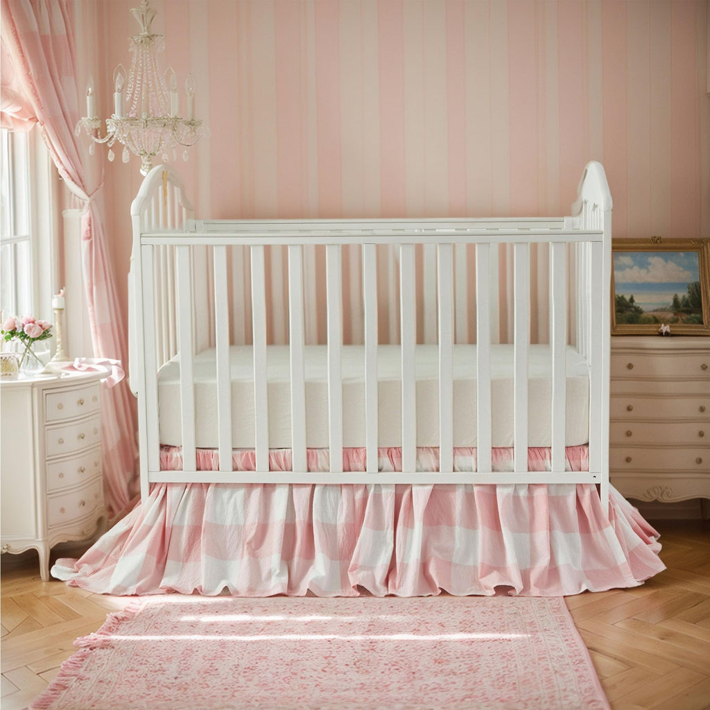 Gingham Gathered Crib Skirt, Baby Boy, Baby Girl, Gender Neutral Crib Skirt, 100% Cotton, 4-Sided, Light Pink Plaid