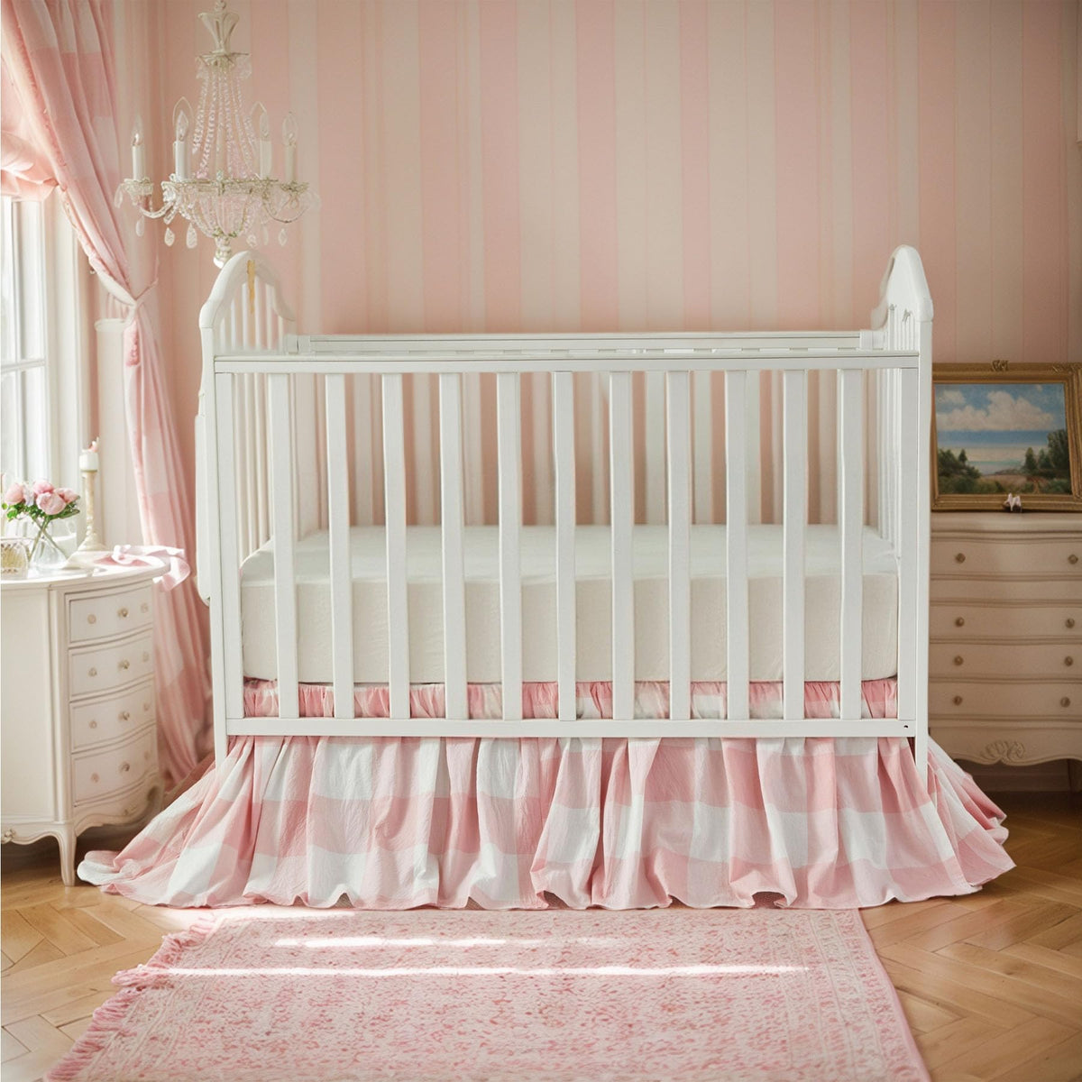 Gingham Gathered Crib Skirt, Baby Boy, Baby Girl, Gender Neutral Crib Skirt, 100% Cotton, 4-Sided, Light Pink Plaid