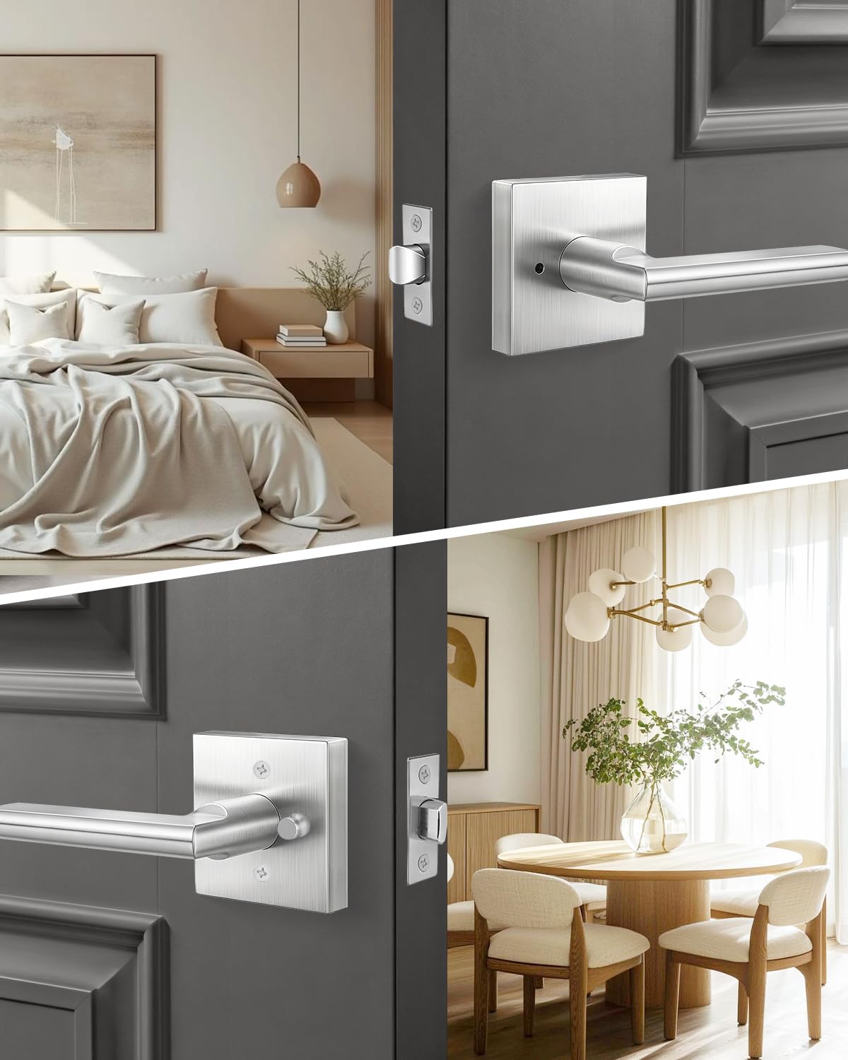 Brushed Nickel Door Handles Interior, Privacy Bedroom - 3 Pack