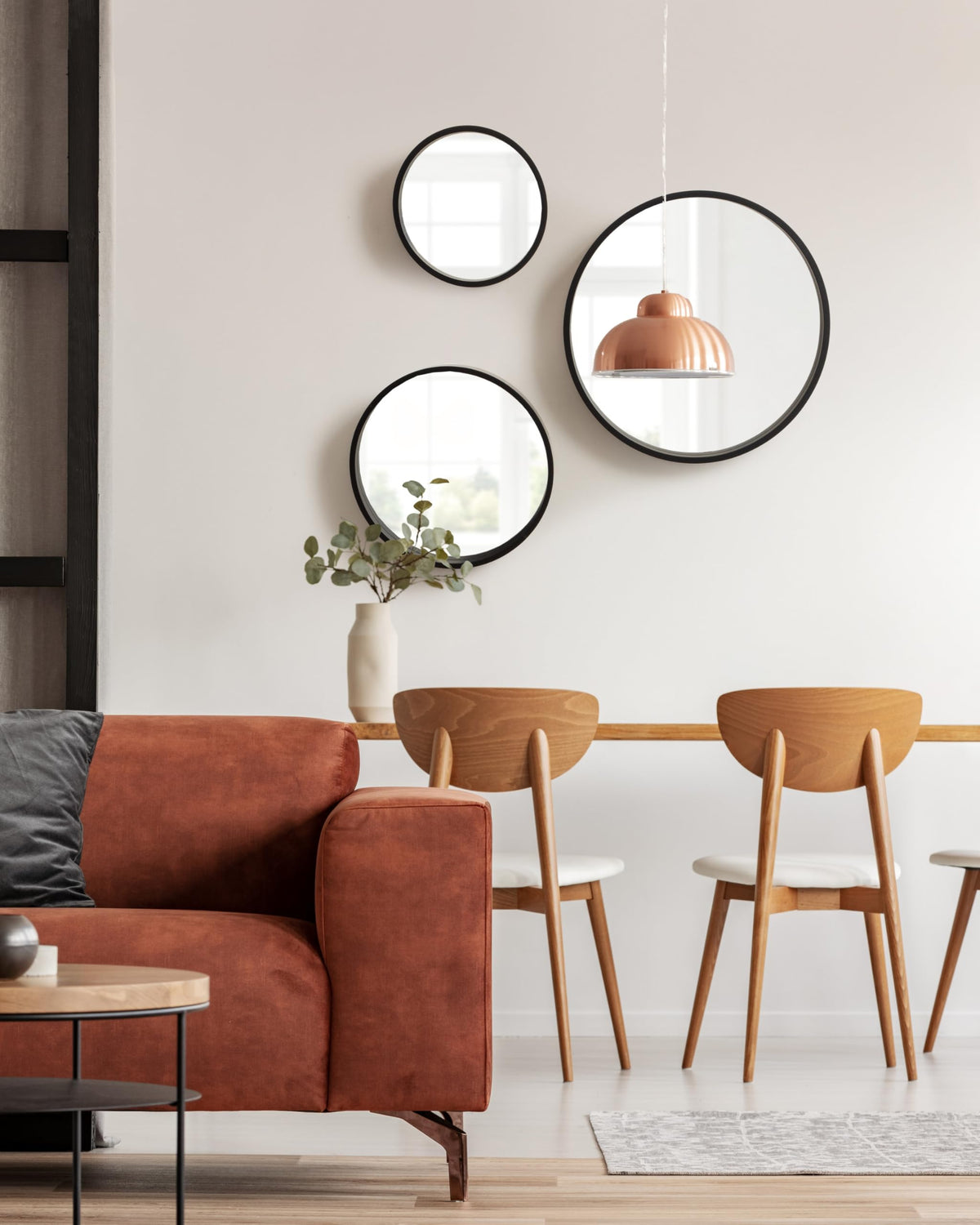 Travis Modern Round Wall Mirror Set; Set of 3; Varying Sizes; Black; Decorative Three-Piece Circle Mirror Set for Use