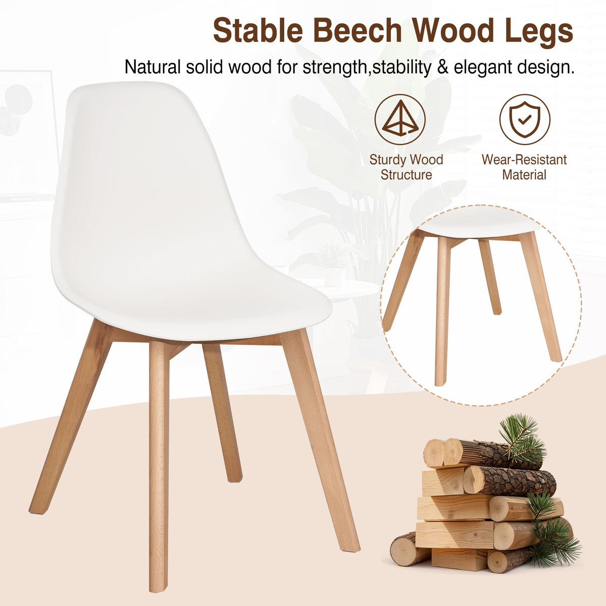 Inspired Eames Style Dining Chairs Set of 4, Mid-Century Modern Kitchen & Dining Room Chairs, Molded Plastic Seat & Back, Solid Wood Legs