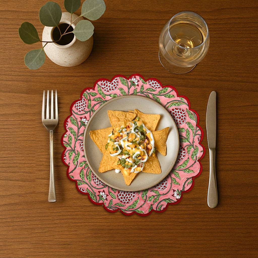 Floral Block Print Round Placemats 15 Inch, Set of 4, Strawberry Pink