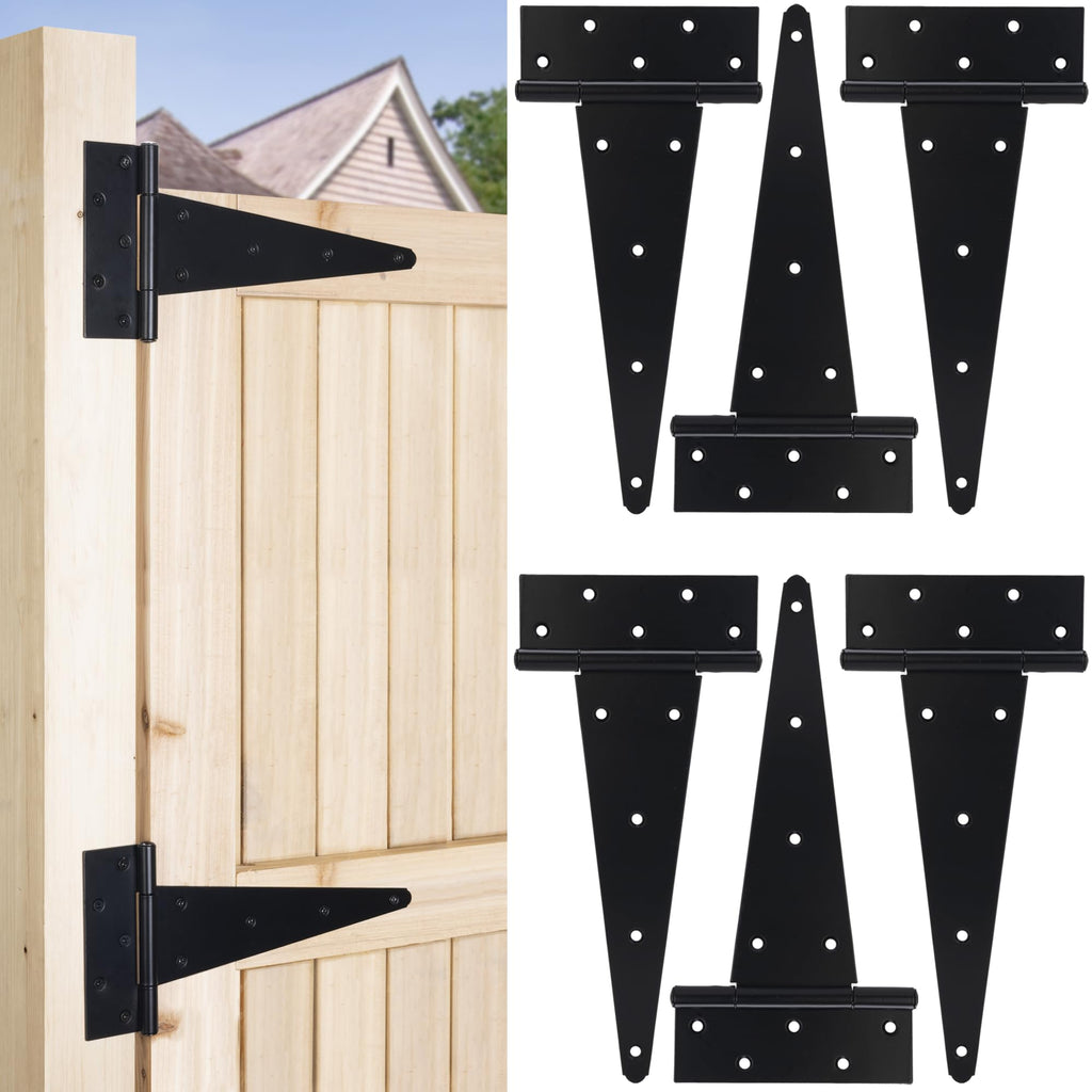 12 Inch T-Strap Gate Hinges, Heavy Duty Shed Barn Door Hinges, Black Tee Hinges for Wooden Fence, Yard Gate, Wrought
