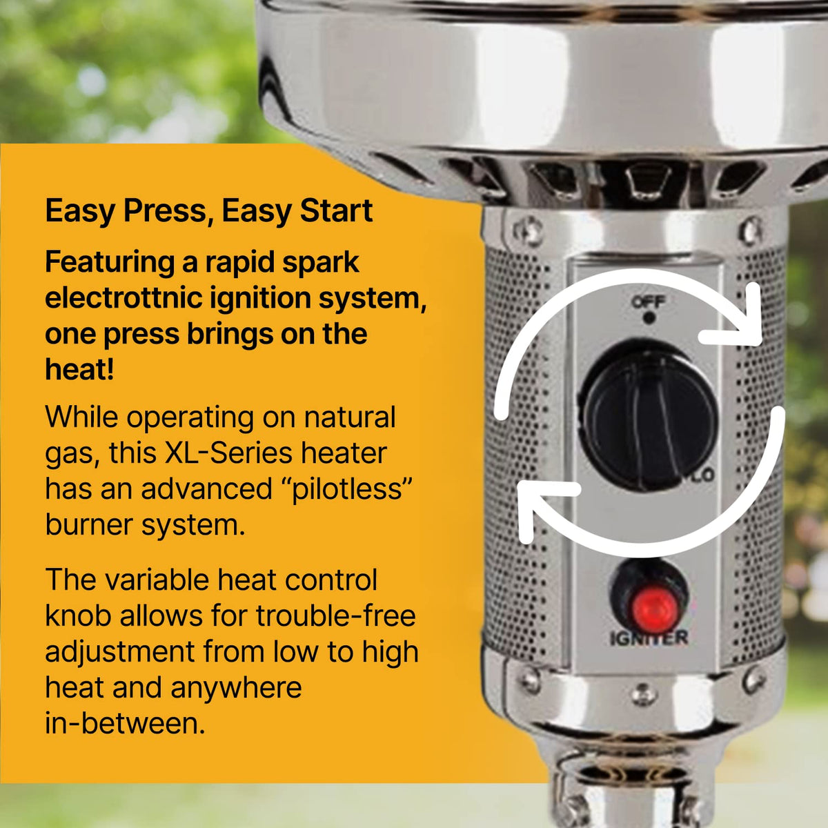 XL-Series Natural Gas Patio Heater, 45, 000 BTU, 89" Tall, Push-Button Ignition, Anti-Tilt Safety, Wheels, Hammered