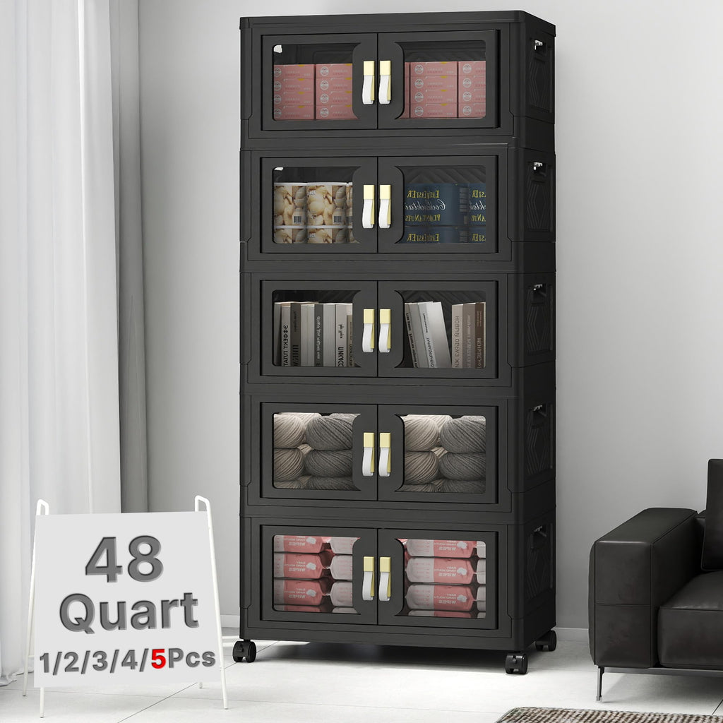 Stackable Storage Bins with Lids, Clear Doors, Large Storage Cabinet Foldable Collapsible Closet Organizers Dorm