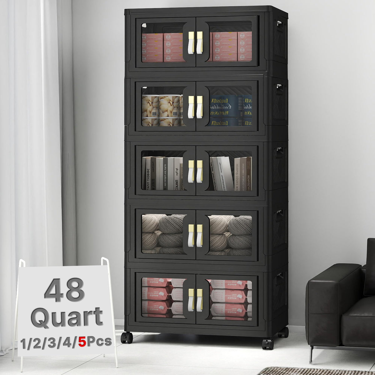 Stackable Storage Bins with Lids, Clear Doors, Large Storage Cabinet Foldable Collapsible Closet Organizers Dorm