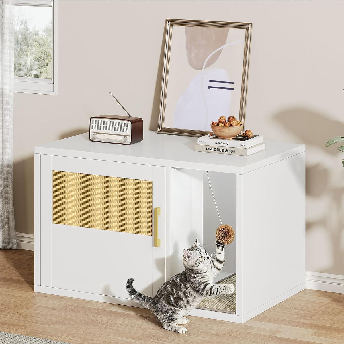 Cat Litter Box Enclosure Furniture - Hidden Cabinet with Odor Control & Scratching Pad, Wooden End Table Bedroom