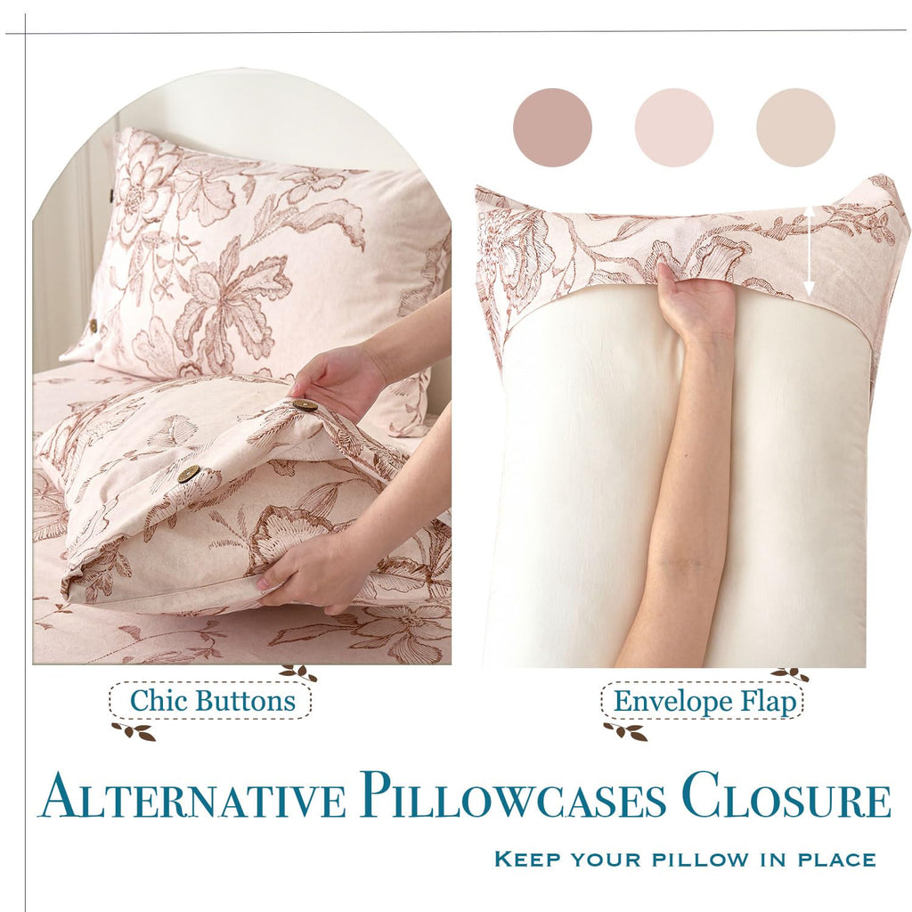 Sheets Pink Floral Sheet Set 400TC 100% Cotton Flannel-Like Warm Luxury Bed Sheet Set 4Pcs, Button Closure