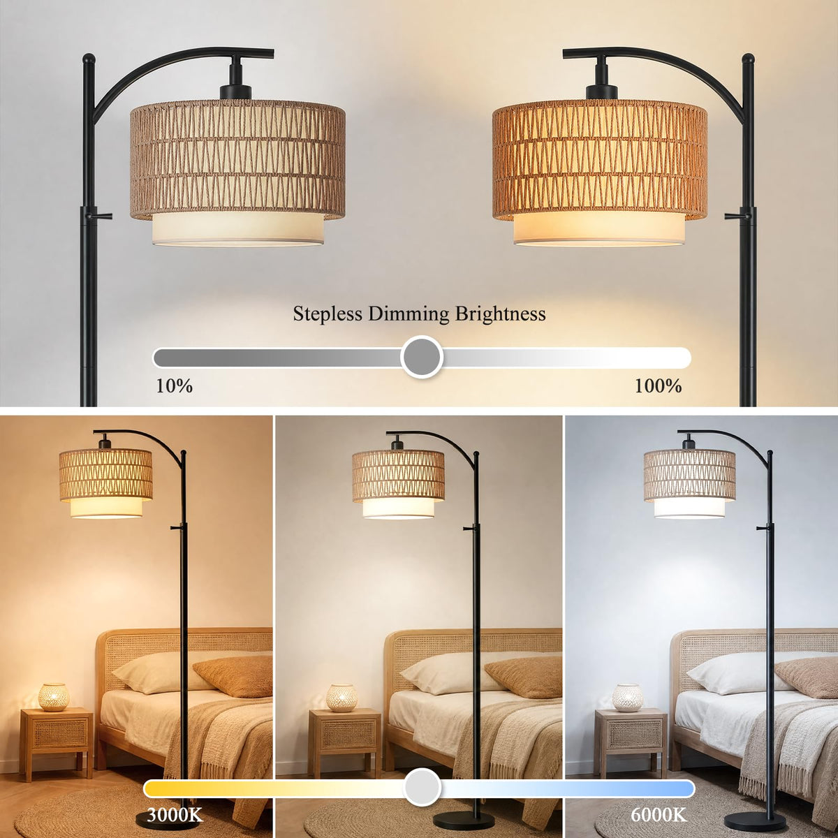 Boho Floor Lamp With 3 Color Temperature and Remote