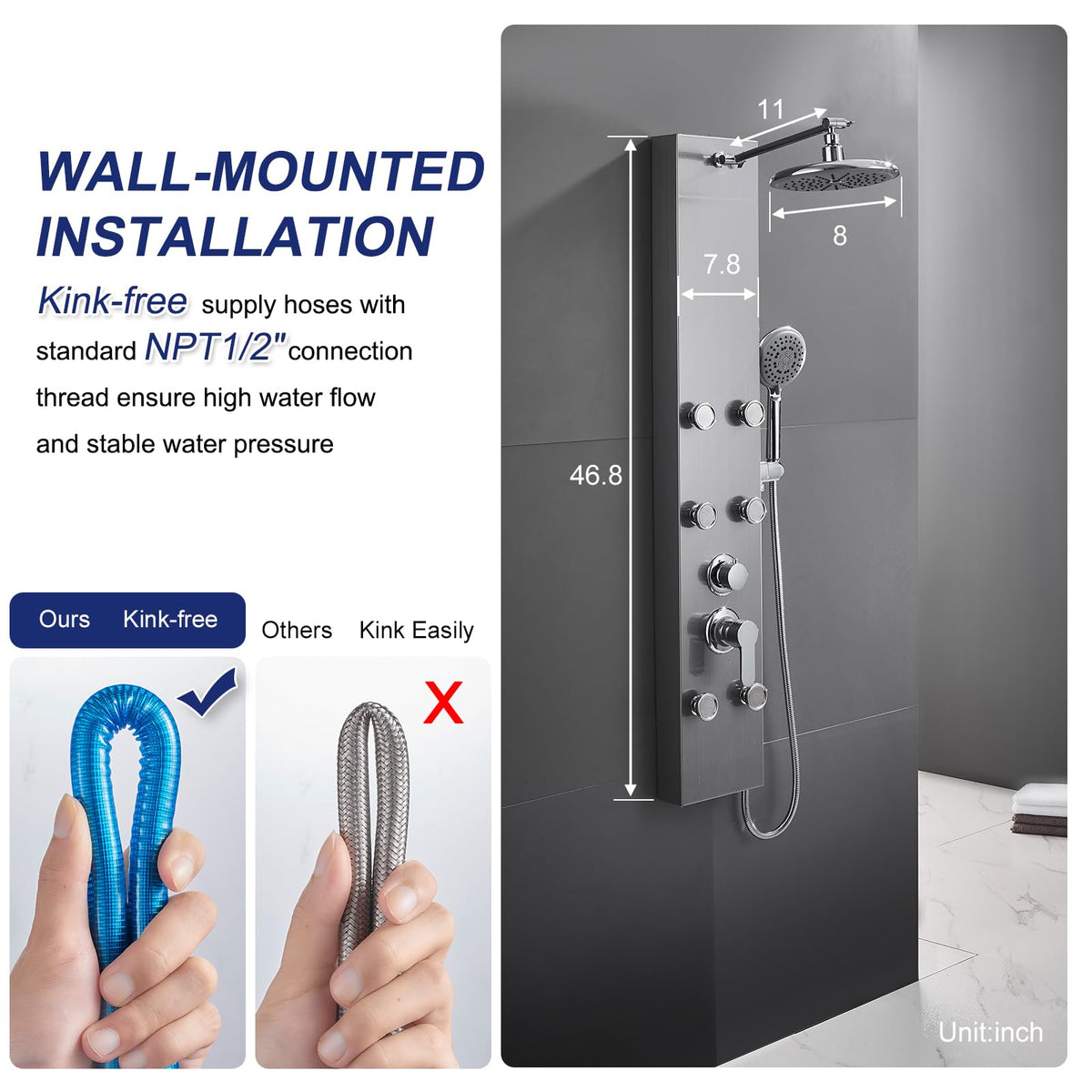 Shower Panel Tower System with Adjustable 6 Body Jets, Brushed