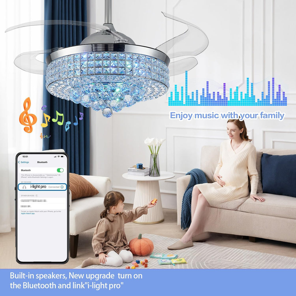 36" Bluetooth Ceiling Fan with Light and Speaker,RGB Retractable Blades Crystal Fandelier Music Player LED Chandelier